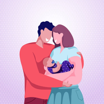 Happy young parents holding newborn. Mom and dad hugging little cute baby. Peaceful family moment. Greeting on birth of child. Cartoon style vector.