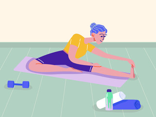 Woman stretching while sitting. Doing toe touch exercise on mat. Girl practicing yoga. Enjoying sport. Flexibility workout.Cartoon style vector.
