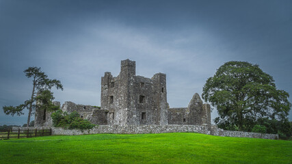 Fototapeta na wymiar Beautiful old ruins of christian Bective Abbey from 12th century with green trees, pasture and moody dark sky in the background, County Meath, Ireland