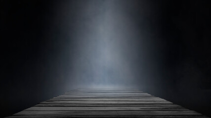 Light beam at the empty  with smoke float up on wooden bridge with studio for showing or design...