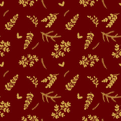 Fototapeta premium Seamless pattern with Christmas plants on red background. Beautiful pattern for gift wrapping papers, greeting cards, decoration.