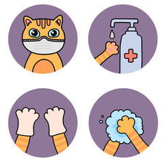 Safety measures against COVID-19. Set of flat vector icons: wear a mask, wash your hands, use sanitizer, wear gloves. Instruction for children.