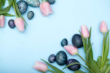 Blue easter eggs and pink tulips on blue pastel background