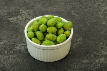 Spicy wasabi peanuts in the bowl