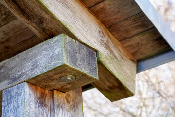 Old wooden house with weathered boards photographed in the forest