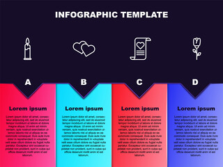 Set line Burning candle, Heart, Envelope with Valentine heart and Flower rose. Business infographic template. Vector.