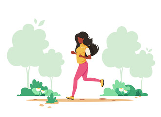 Black woman jogging in spring park. Healthy lifestyle, sport, outdoor activity concept. Vector illustration.