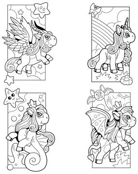 cute magic ponies, set of images, funny illustration