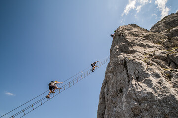Via ferrata Donnerkogel Intersport Klettersteig in the Austrian Alps, near Gosau. Stairway to...