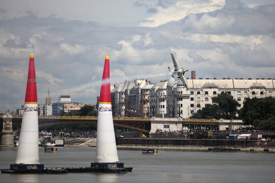 Red Bull Air Race Aircraft Flies Over The Danube River