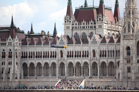 Red Bull Air Race Aircraft Flies Over The Danube River