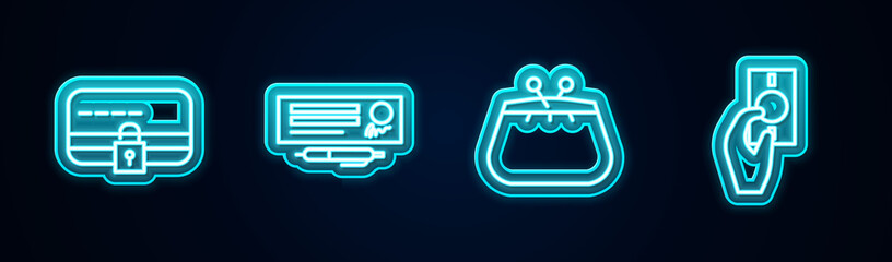 Set line Credit card with lock, Bank check and pen, Wallet and Hand holding money. Glowing neon icon. Vector.