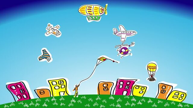 Cartoon picture. Man, guy launches up a kite. Large passenger plane, small farm plane, airship, hot air balloon, hang glider, helicopter. Style: children's freehand drawing. 2D flat bright animation.