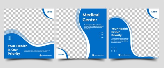 Set of social media post templates for health care and medical. Abstract blue wave shape frame with photo collage. Usable for social media, flyers, banners, and web internet ads.