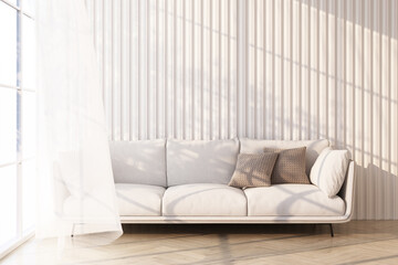 white sofa on wooden floor Light shines through the window and shadows fall on it. with white wall and sheer 3d rendering