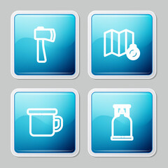 Set line Wooden axe, Location of the forest on map, Camping metal mug and gas stove icon. Vector.