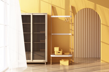 cabinet and shelf on wooden floor Light shines through the window and shadows fall on it. with yellow wall and sheer 3d rendering