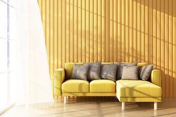 yellow sofa on wooden floor Light shines through the window and shadows fall on it. with yellow wall and sheer 3d rendering