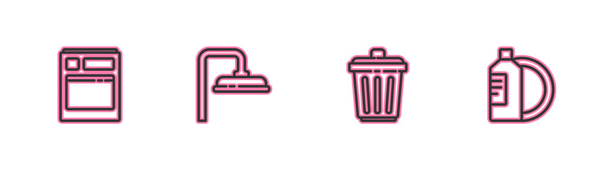 Set line Kitchen dishwasher machine, Trash can, Shower head and Dishwashing liquid bottle and plate icon. Vector.