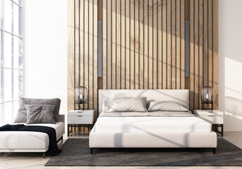 modern bedroom with wooden floor and headboard 3d rendering