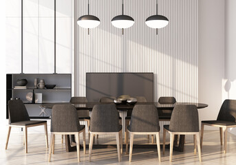Fototapeta na wymiar Dining area with table and chair wall decorate built-in on wooden floor 3d rendering