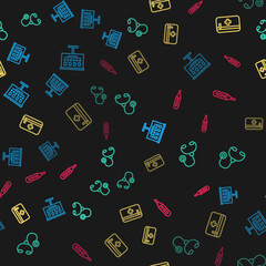 Set line Eye test chart, Stethoscope, First aid kit and Medical digital thermometer on seamless pattern. Vector.
