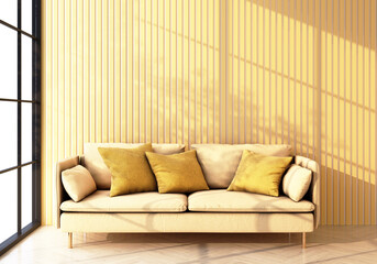 white armchair on wooden floor Light shines through the window and shadows fall on it. with yellow wall and sheer 3d rendering