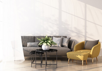 grey sofa and yellow armchair bed on wooden floor Light shines through the window and shadows fall on it. with white wall and sheer 3d rendering