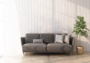 grey sofa on wooden floor Light shines through the window and shadows fall on it. with white wall and sheer 3d rendering