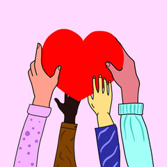 Heart holding by diverse hands. Vector illustration concept for sharing love, helping others, charity supported by global community