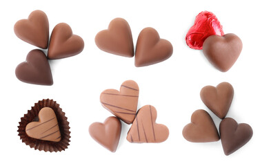 Set with delicious heart shaped chocolate candies on white background, top view