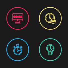 Set line Stopwatch, Clock, 24 hours and on monitor icon. Vector.