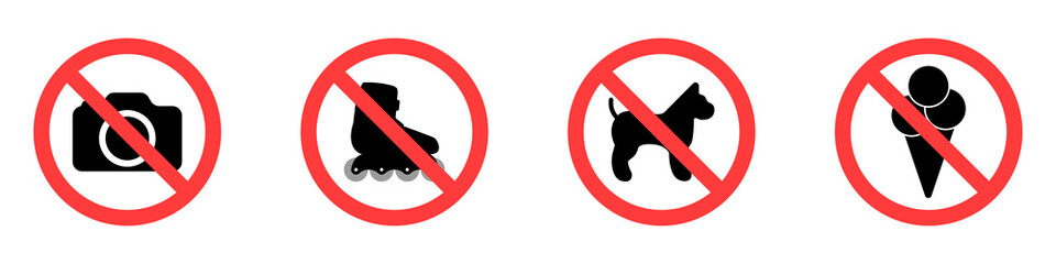 Prohibitory icons. A set of stickers for a supermarket. Vector set of prohibiting icons for shopping malls and stores. Vector illustration.