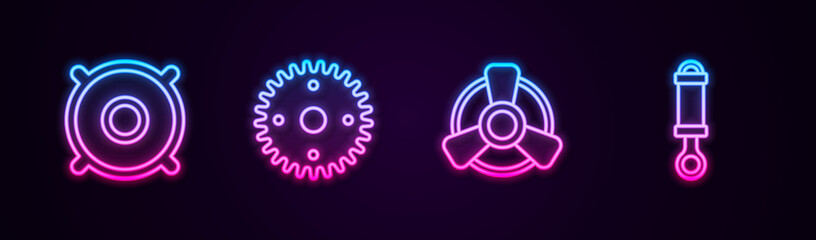 Set line Car audio speaker, Gear, motor ventilator and Shock absorber. Glowing neon icon. Vector.