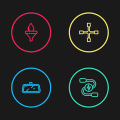Set line Car mirror, battery jumper power cable, Wheel wrench and Funnel and oil drop icon. Vector.