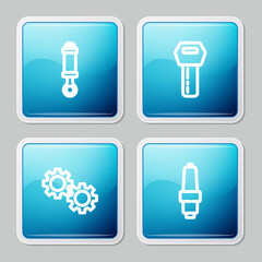 Set line Shock absorber, Car key with remote, Gear and spark plug icon. Vector.
