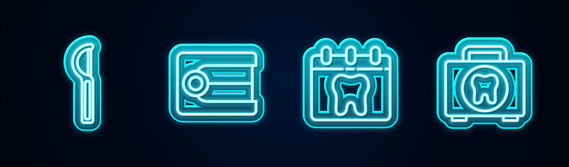 Set line Dental floss, Dentures model, Calendar with tooth and First aid kit. Glowing neon icon. Vector.