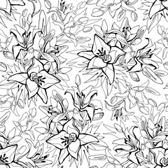 Outline seamless pattern with Lily flowers drawn by hand on white background. Floral sketch of contoured flowers for textile, wallpaper, fabric, packaging, wrapping paper, wadding design, bedding.