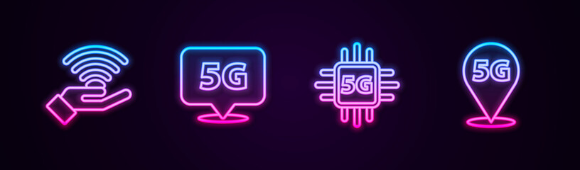Set line 5G network, Location, Processor and . Glowing neon icon. Vector.