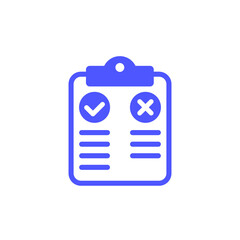 Pros and cons icon on white with clipboard