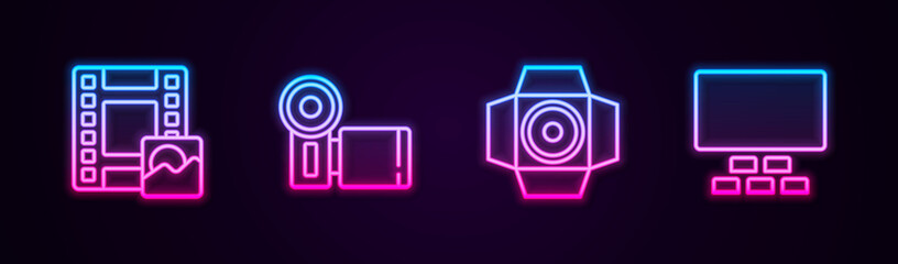 Set line Play Video, Cinema camera, Movie spotlight and auditorium with seats. Glowing neon icon. Vector.