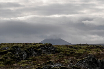 The volcanic mountain Keilir with the Hvassahraun lava field on the Icelandic peninsula Reykjanes. 