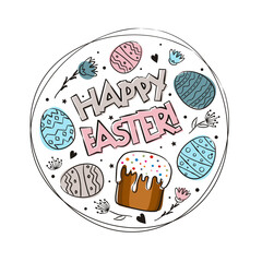 Happy Easter greeting logo with Round frame of hand-drawn easter eggs, cake and flowers. Painted in watercolor spots. Cute easter wreath on a white background Vector illustration