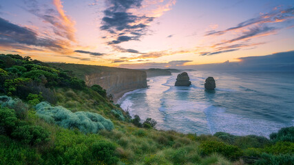gibson steps  at sunrise, twelve apostles, great ocean road in victoria, australia