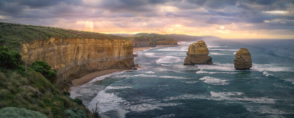 gibson steps  at sunrise, twelve apostles, great ocean road in victoria, australia