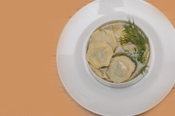 Homemade dumplings with broth with sour cream and dill. Tasty dinner