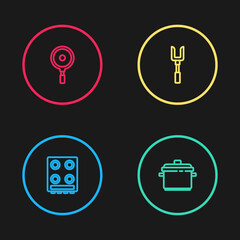 Set line Gas stove, Cooking pot, Barbecue fork and Frying pan icon. Vector.