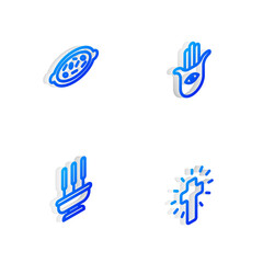 Set Isometric line Hamsa hand, Kheer in bowl, Incense sticks and Christian cross icon. Vector.