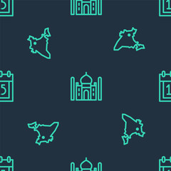 Set line Taj Mahal, India map and Independence day on seamless pattern. Vector.