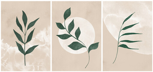 Botanical wall art set. Abstract shapes. Floral boho art design for print